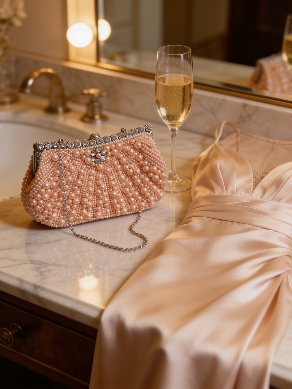 Pearl-Embellished Pink Evening Clutch